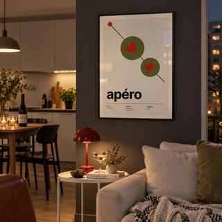 Green olives with red centres print in an open plan lounge against a charcoal wall