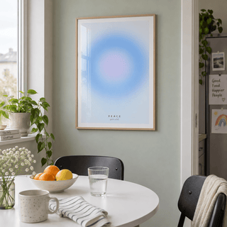 Blue and lavender gradient print in a breakfast nook against a green wall