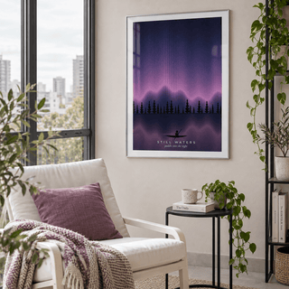 Lone canoe under the aurora print in a sunroom