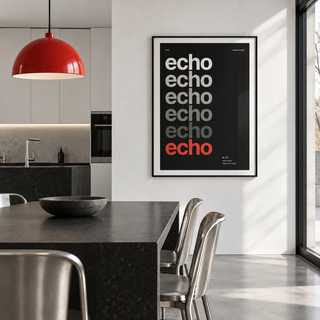 Black and cream word art print on the wall of a kitchen diner