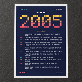 Close view of the retro gaming style 2005 birth year print on matte paper