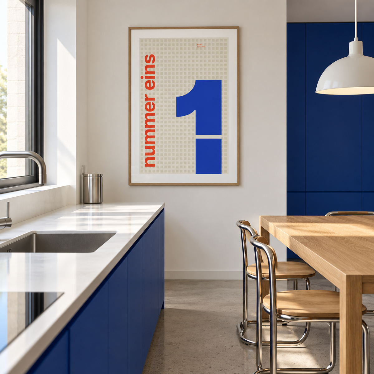 Swiss style number poster on the wall of a kitchen diner