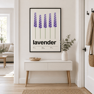 Swiss style lavender print above a console table in a hallway
