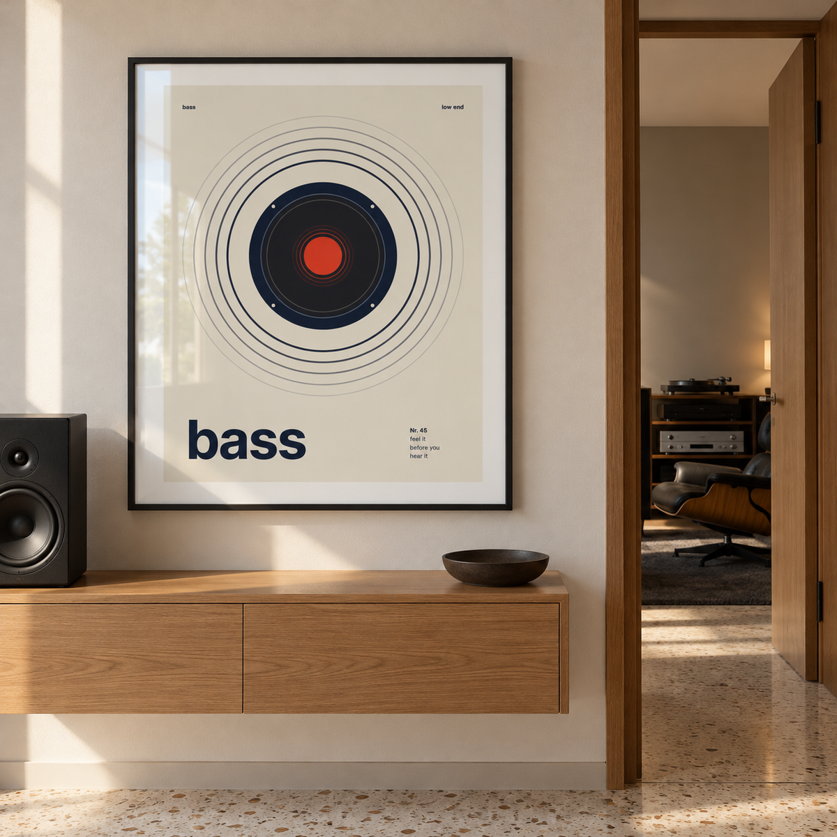 Swiss style bass print in a music room hallway
