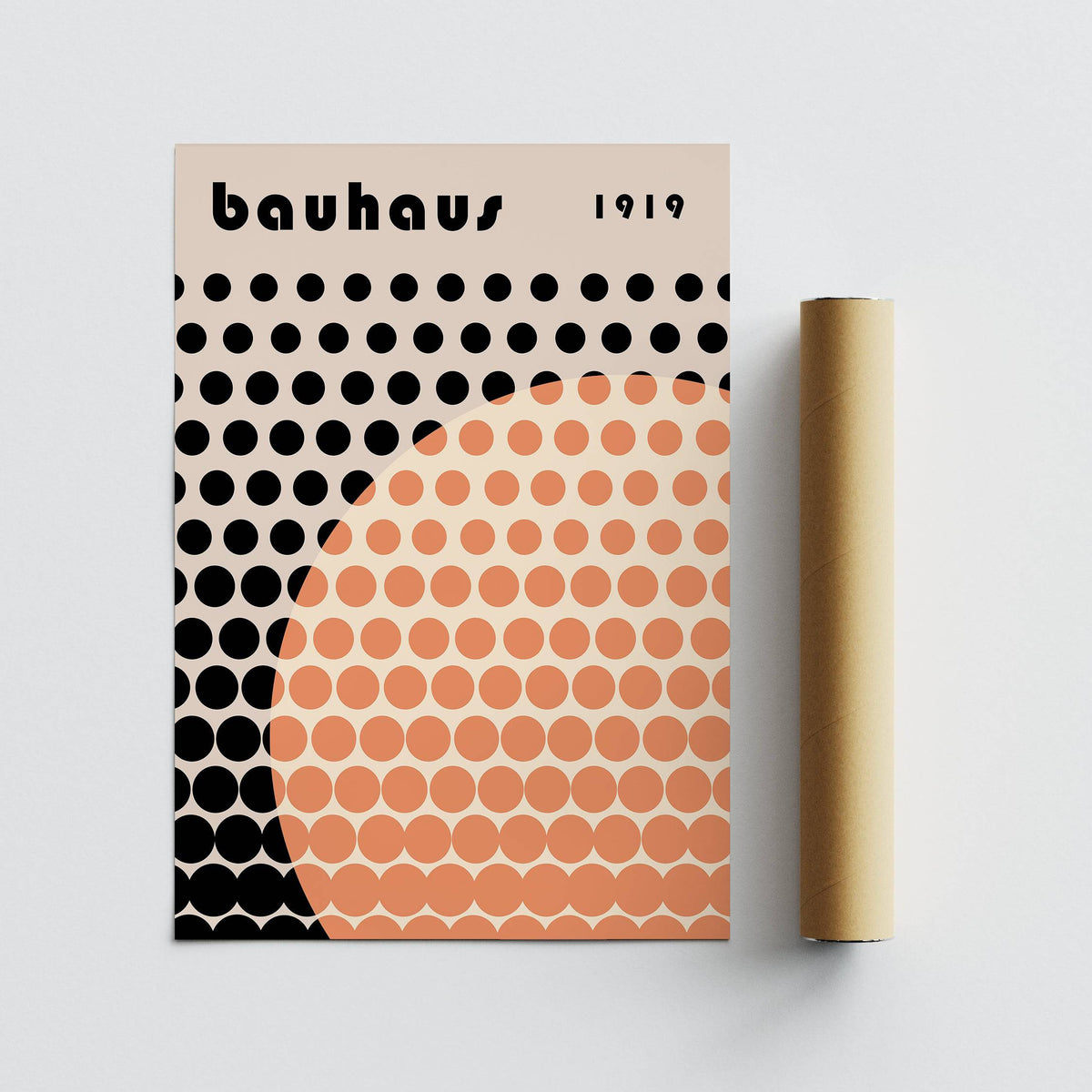 Cool Art Poster flat with abstract geometric shapes in beige black and peach next to a brown tube