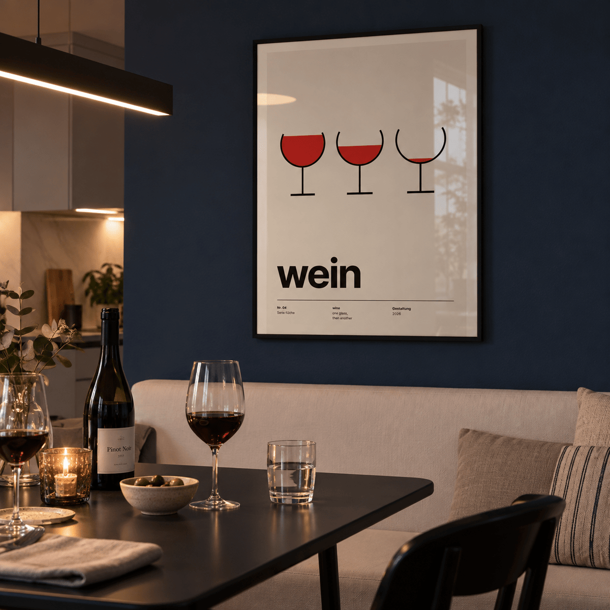 Minimal wine glass typography print above a banquette in a dining against a midnight wall