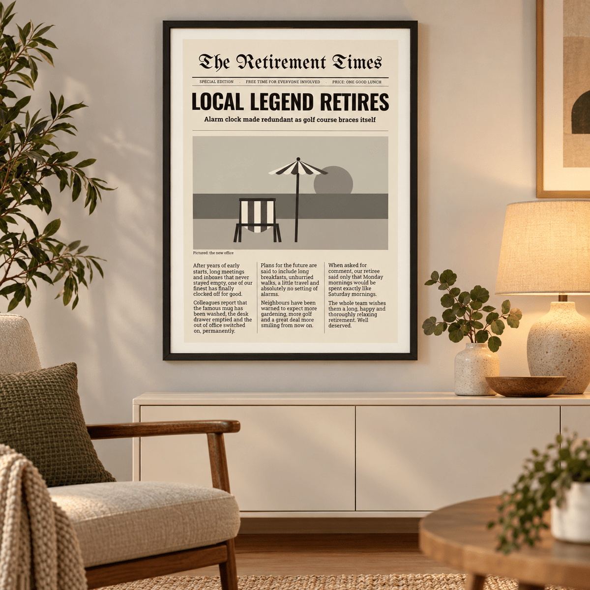 Funny retirement newspaper print above a sofa in a relaxed living room