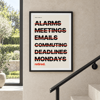 Happy retirement list print on a staircase wall in a family home