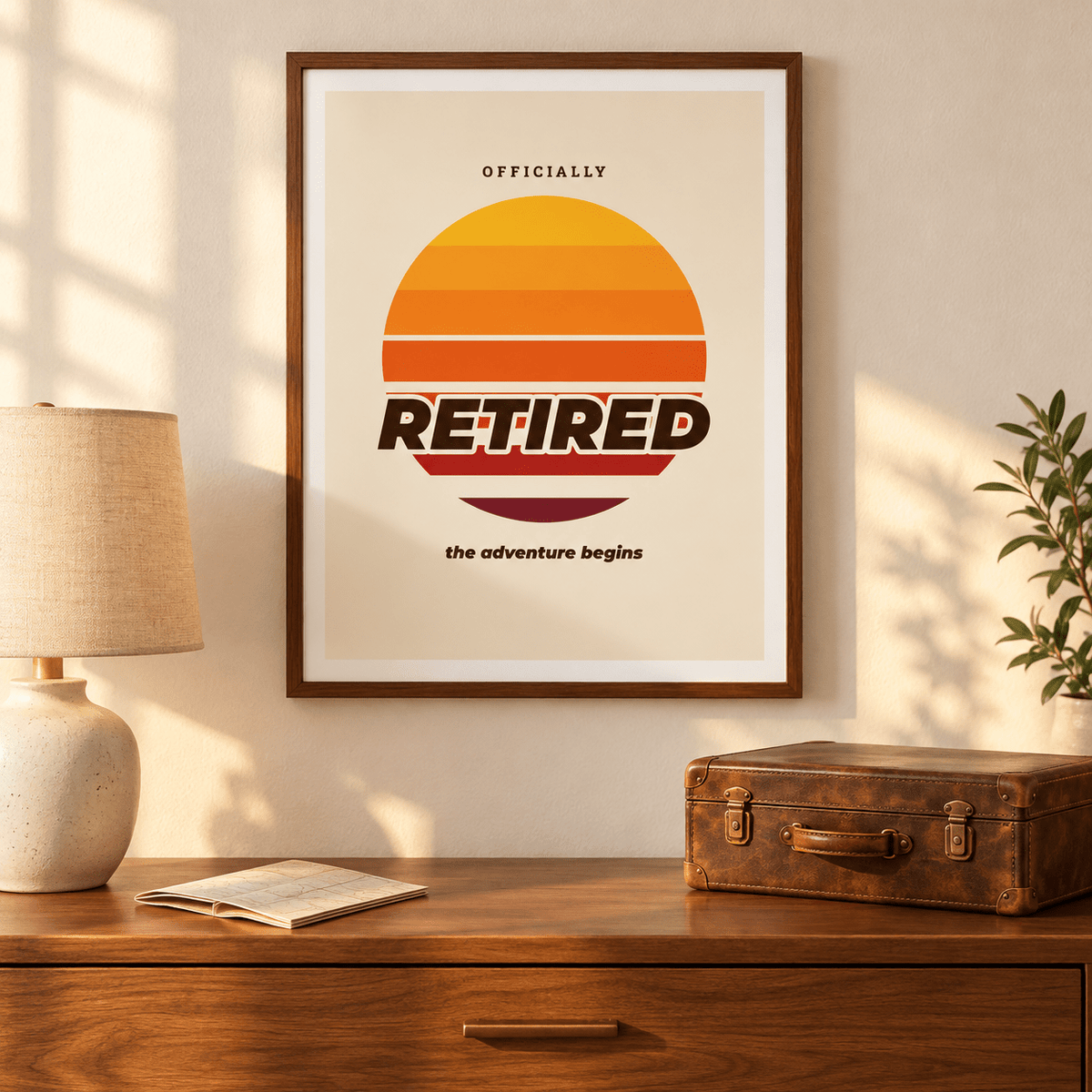 Officially retired sunset print above the bed in a calm bedroom