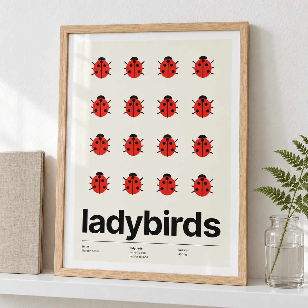 Swiss style ladybird print on a shelf beside a sunny window