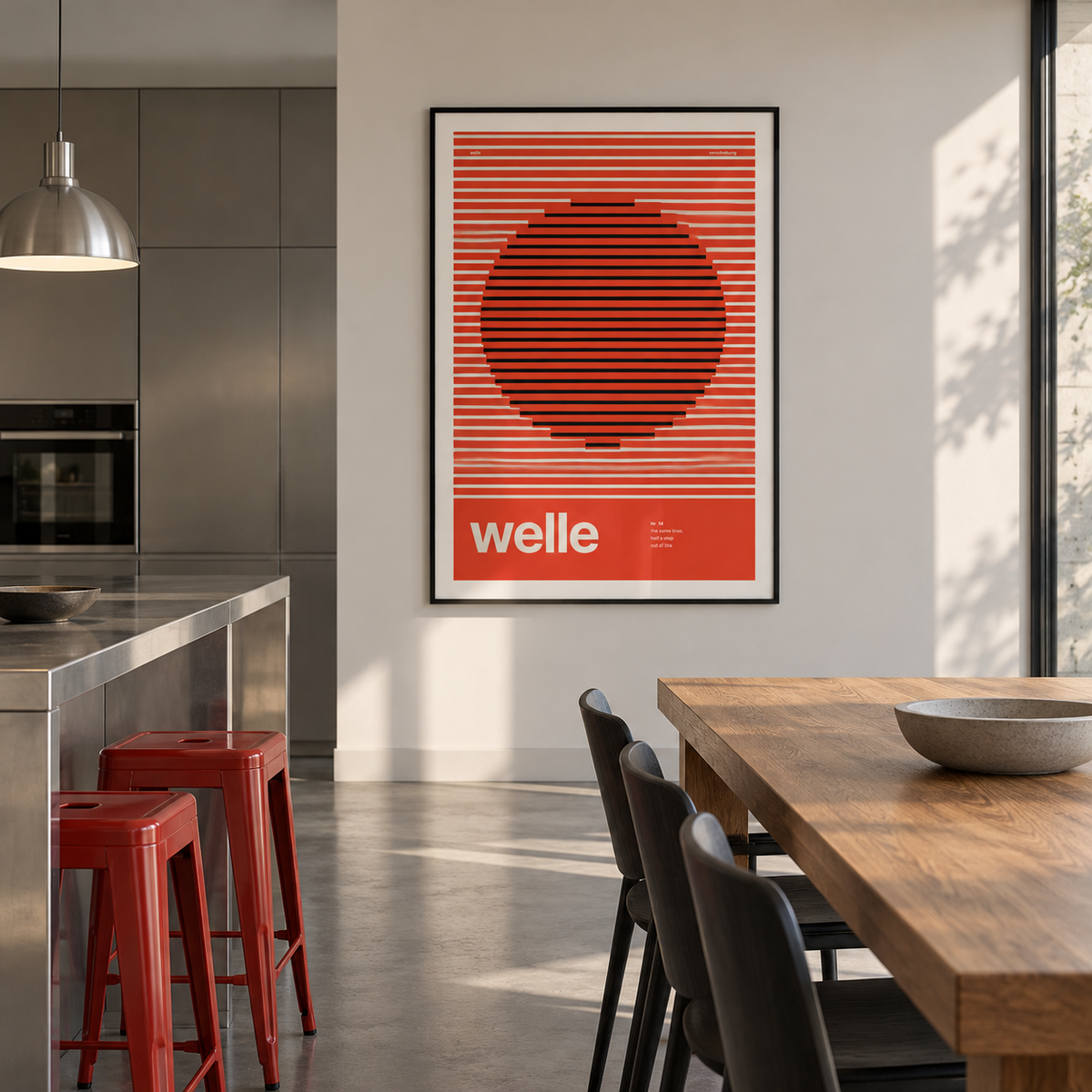 Swiss style wave print on the wall of a kitchen diner