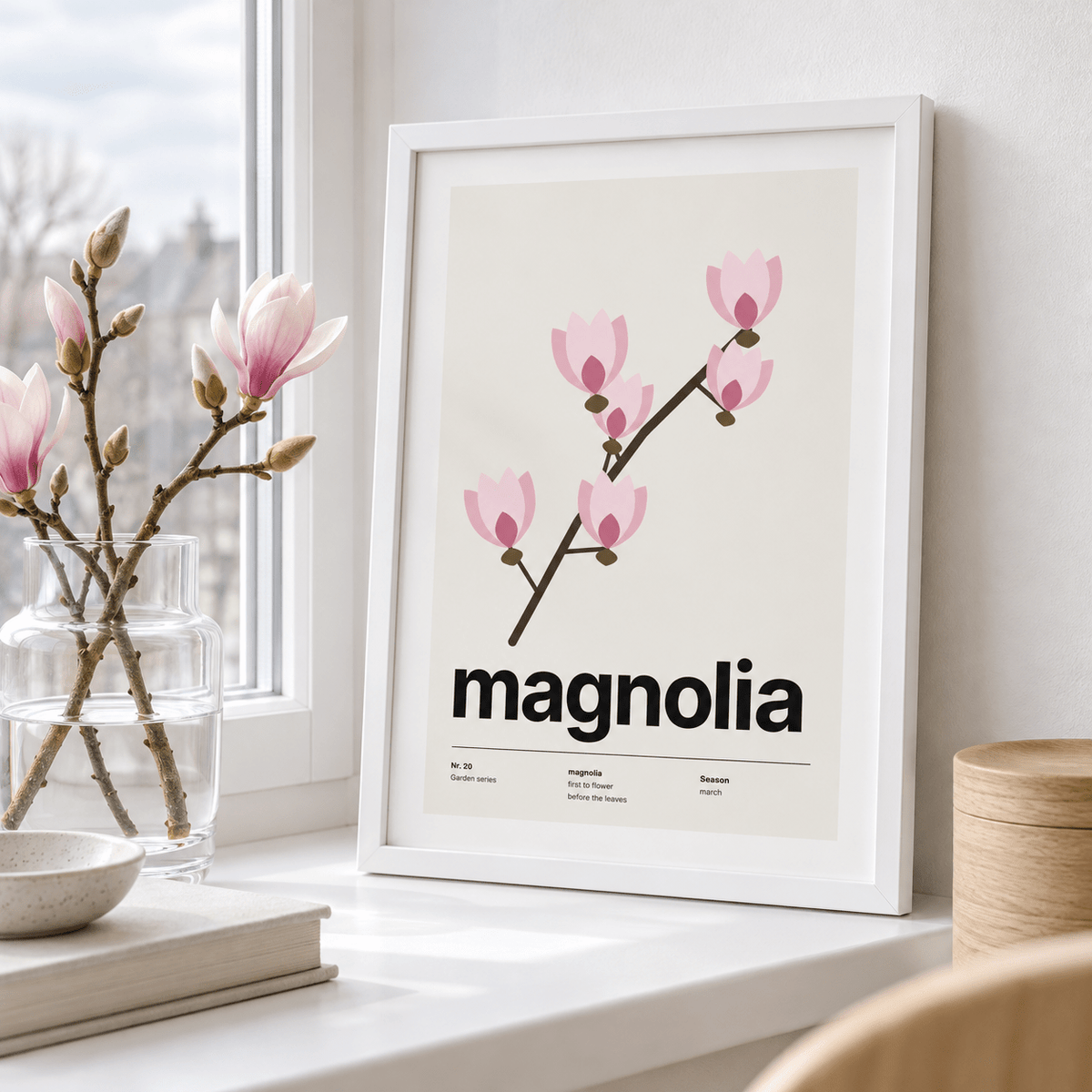 Swiss style magnolia print on a window ledge in soft daylight