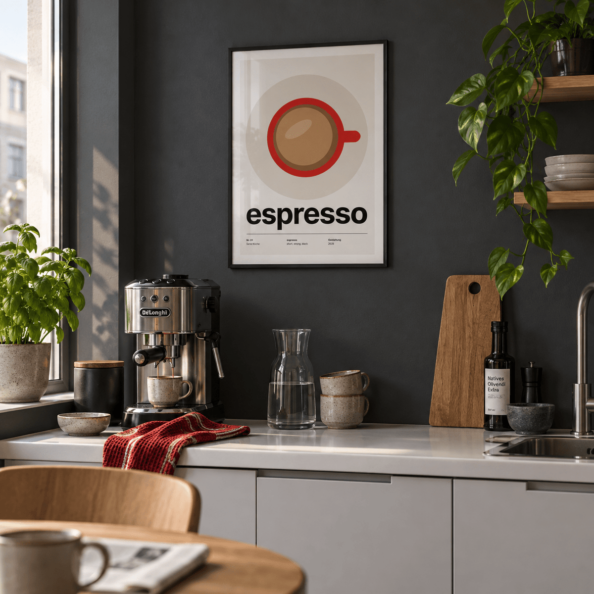 Swiss style espresso typography print in a kitchenette against a charcoal wall
