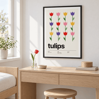Swiss style tulip grid print on the wall of a calm bedroom