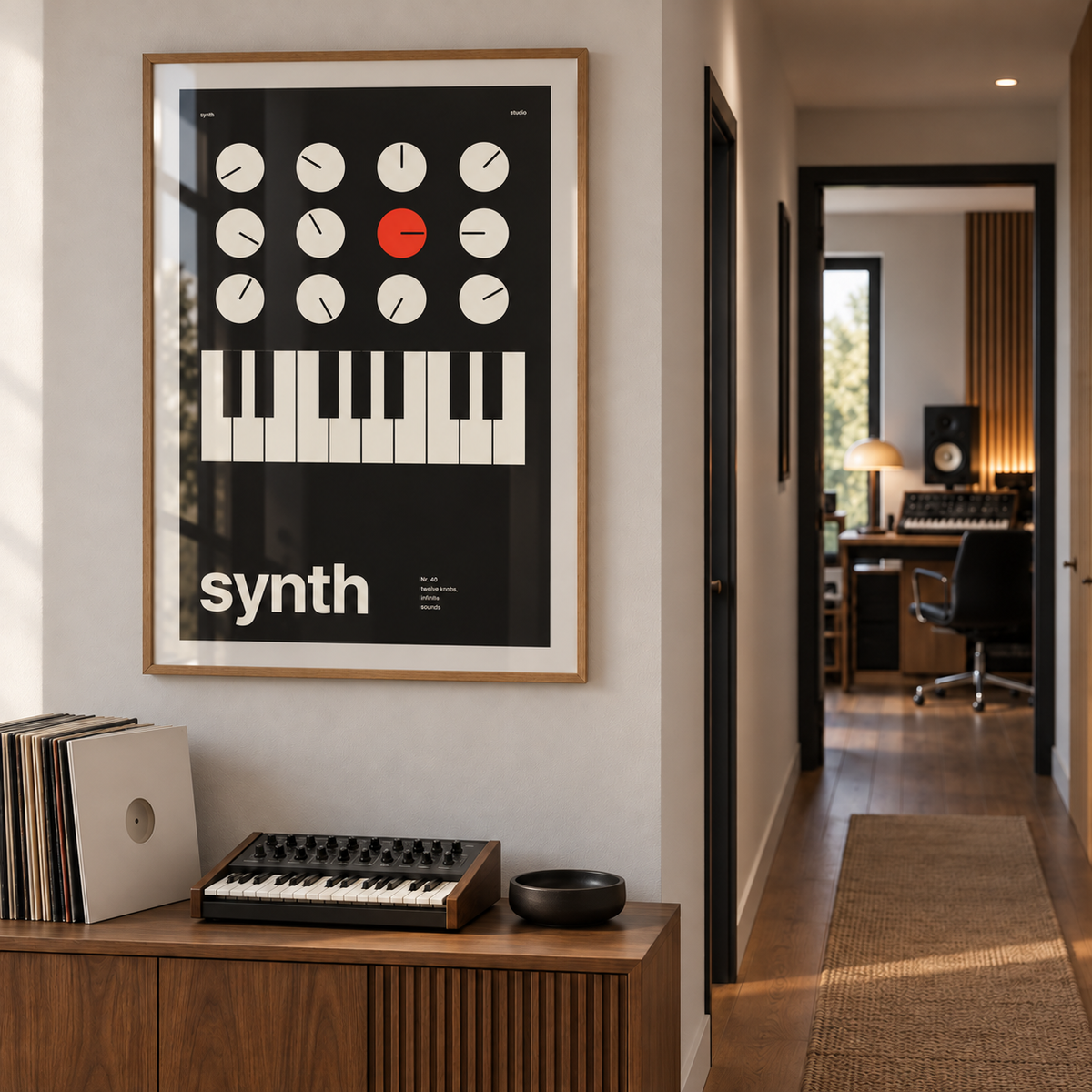 Swiss style synthesiser print in a music room hallway