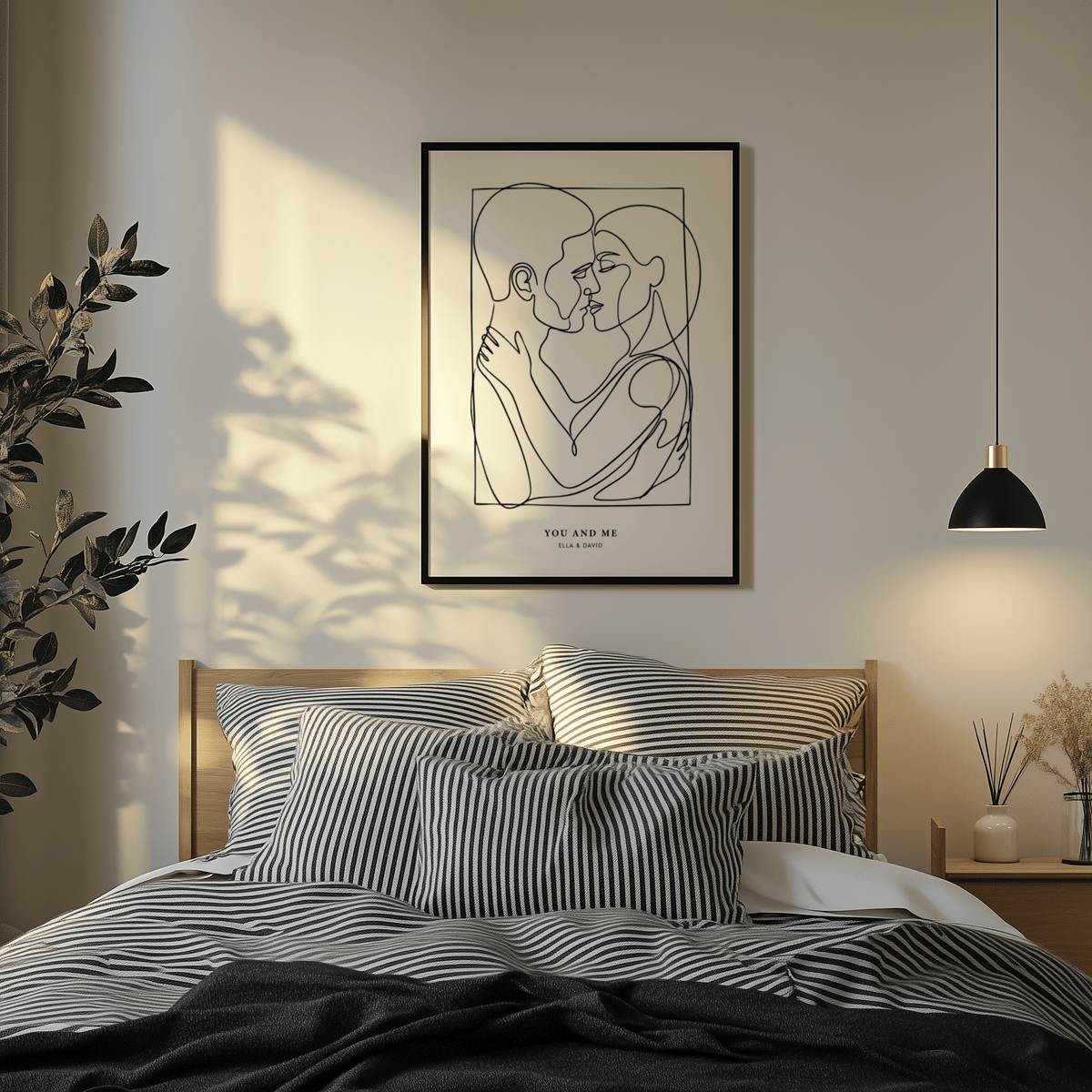 Abstract Figures wall art of an embracing couple in black line-art in a bedroom above a wooden bed