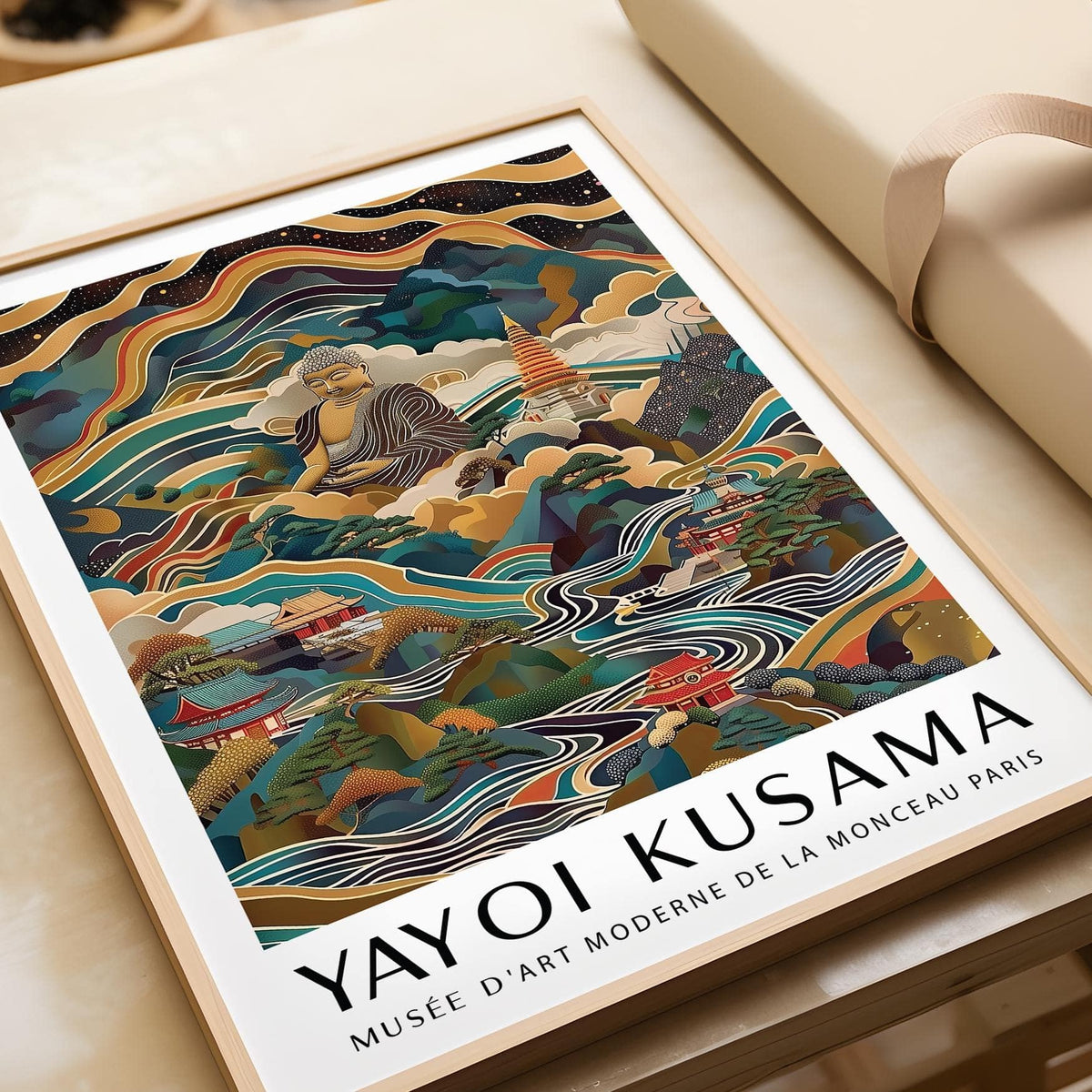 Close-up of Buddha poster showing detailed illustration with warm and cool colours and text