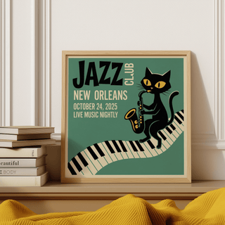 Framed Jazz Club Art Print with black cat playing saxophone on green background and books nearby
