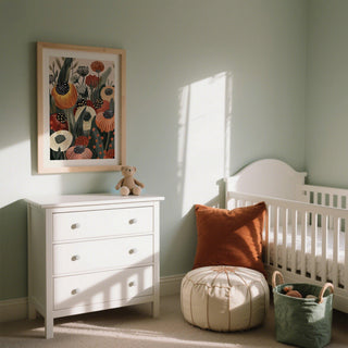 Print on a wall in a nursery with burnt orange wall art of abstract flowers and a plush toy on a white dresser