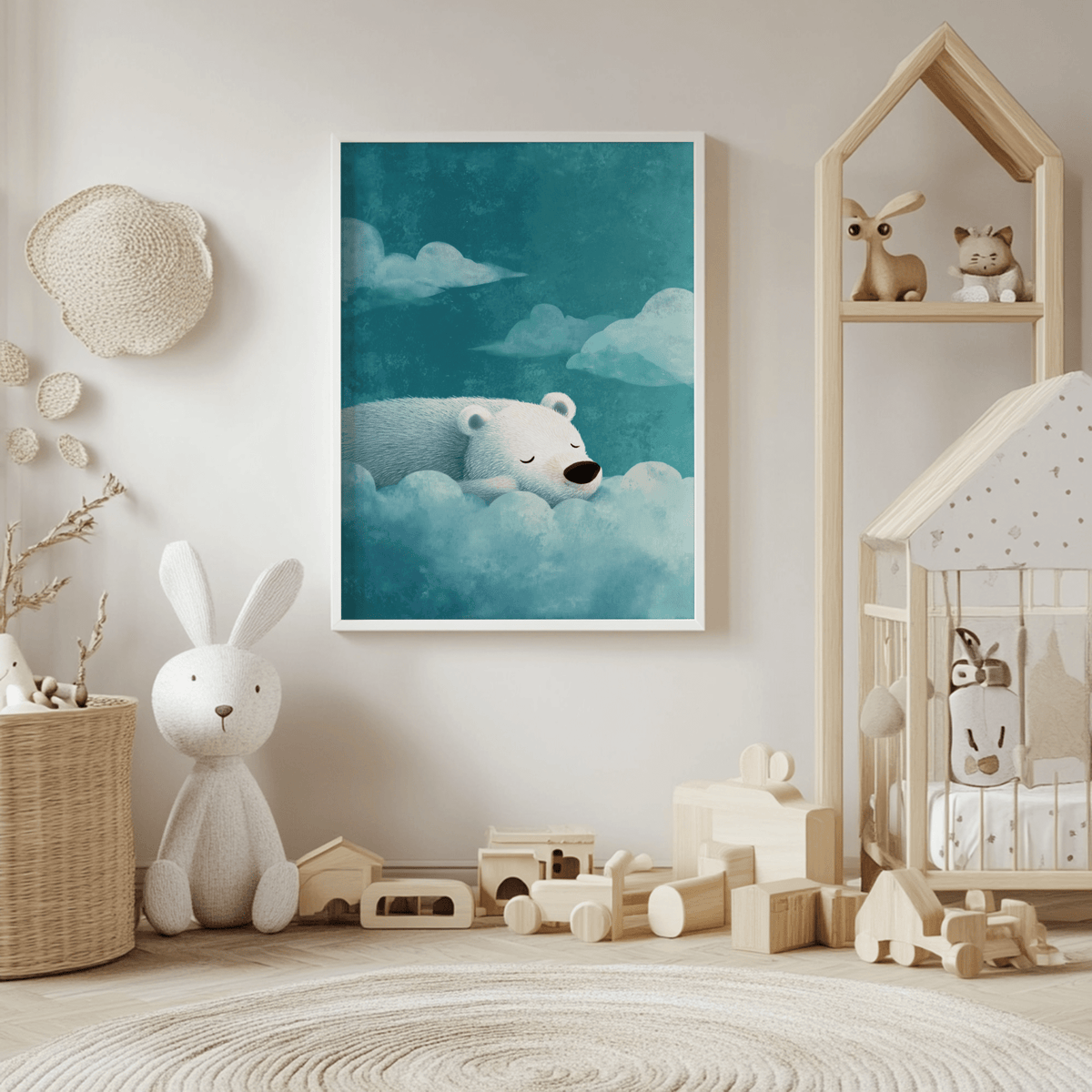 Polar bear wall art of a sleeping polar bear in blue and white in a child's room with toys
