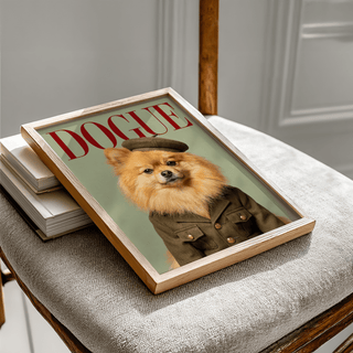 Framed close-up of Pomeranian wall art with a dog in a soldier outfit on a chair cushion