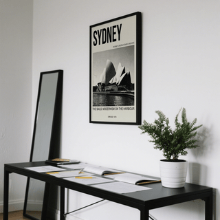 Sydney Opera House Poster on a white wall above a black desk with papers and a potted plant