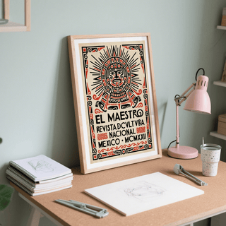 Mexican Culture Poster leaning on desk with Aztec sun stone symbol and folk-art style in soft blue room