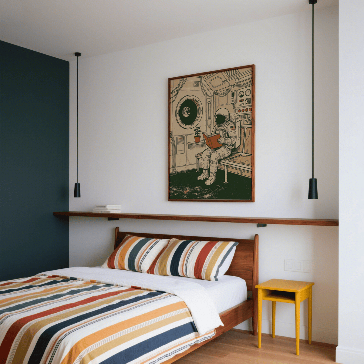 Reading Astronaut Poster above a bed in a bright bedroom with a striped bedspread and yellow side table