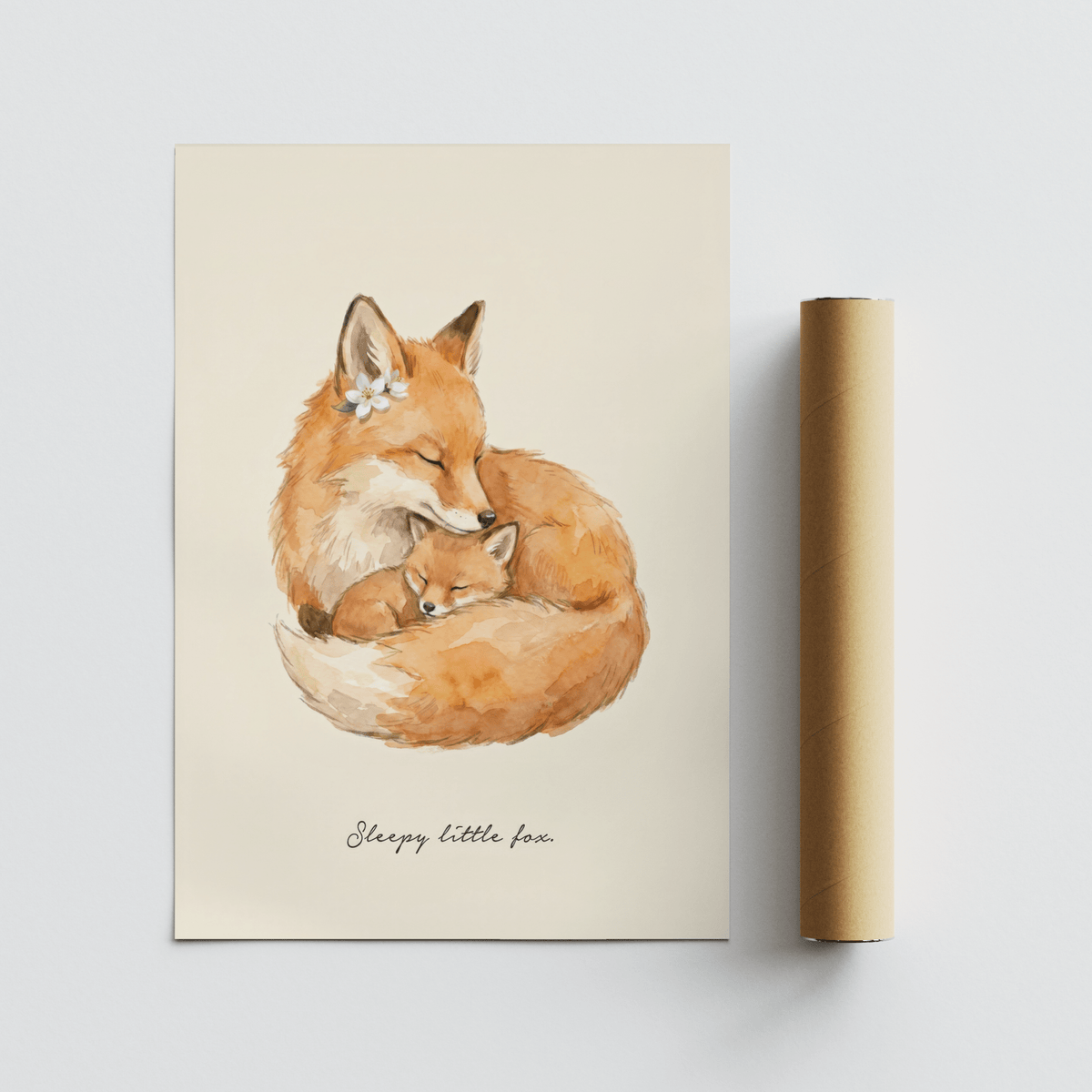 Sleepy Fox art print showing a mother fox and kit sleeping with a cardboard packaging tube nearby