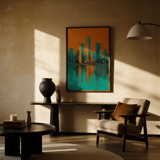 Modern Skyline Poster in orange and teal on a wall above a black vase and beige armchair in soft sunlight
