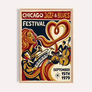 Framed print close-up of Chicago Jazz Festival print with retro illustration in red and yellow tones