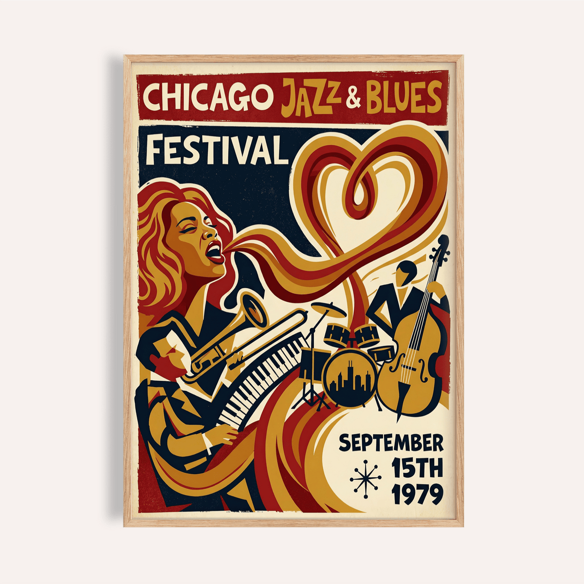 Framed print close-up of Chicago Jazz Festival print with retro illustration in red and yellow tones