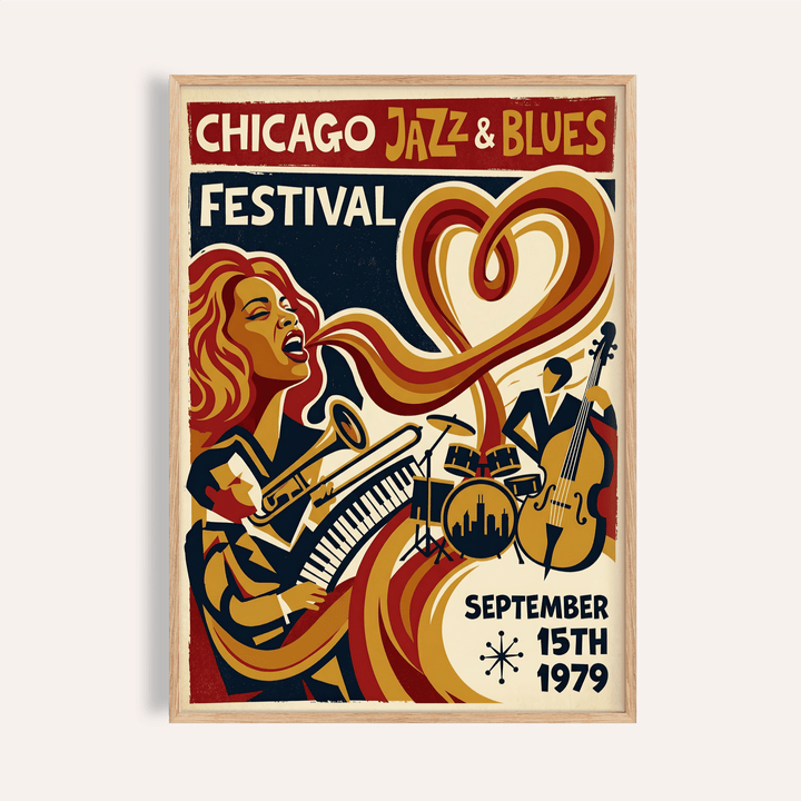 Framed print close-up of Chicago Jazz Festival print with retro illustration in red and yellow tones