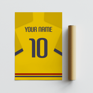 Football Shirt Poster in Yellow with Dark Blue Cuffs flat on a white surface with a packaging tube beside it