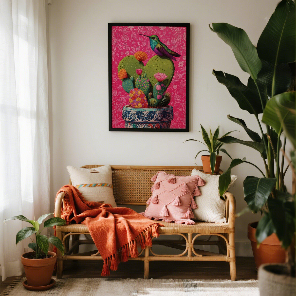 Close-up of corazon de nopal cactus with bold orange and pink blossoms.