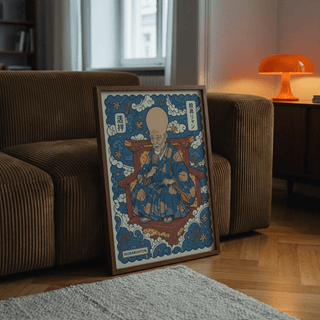 Framed Nurarihyon wall art of an ethereal elder with blue and orange robes leaning by a sofa and a lamp