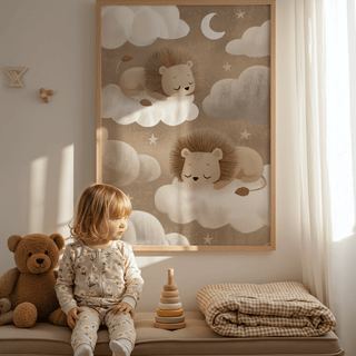 Lion nursery art print leaning on wall with beige toys and child in the nursery