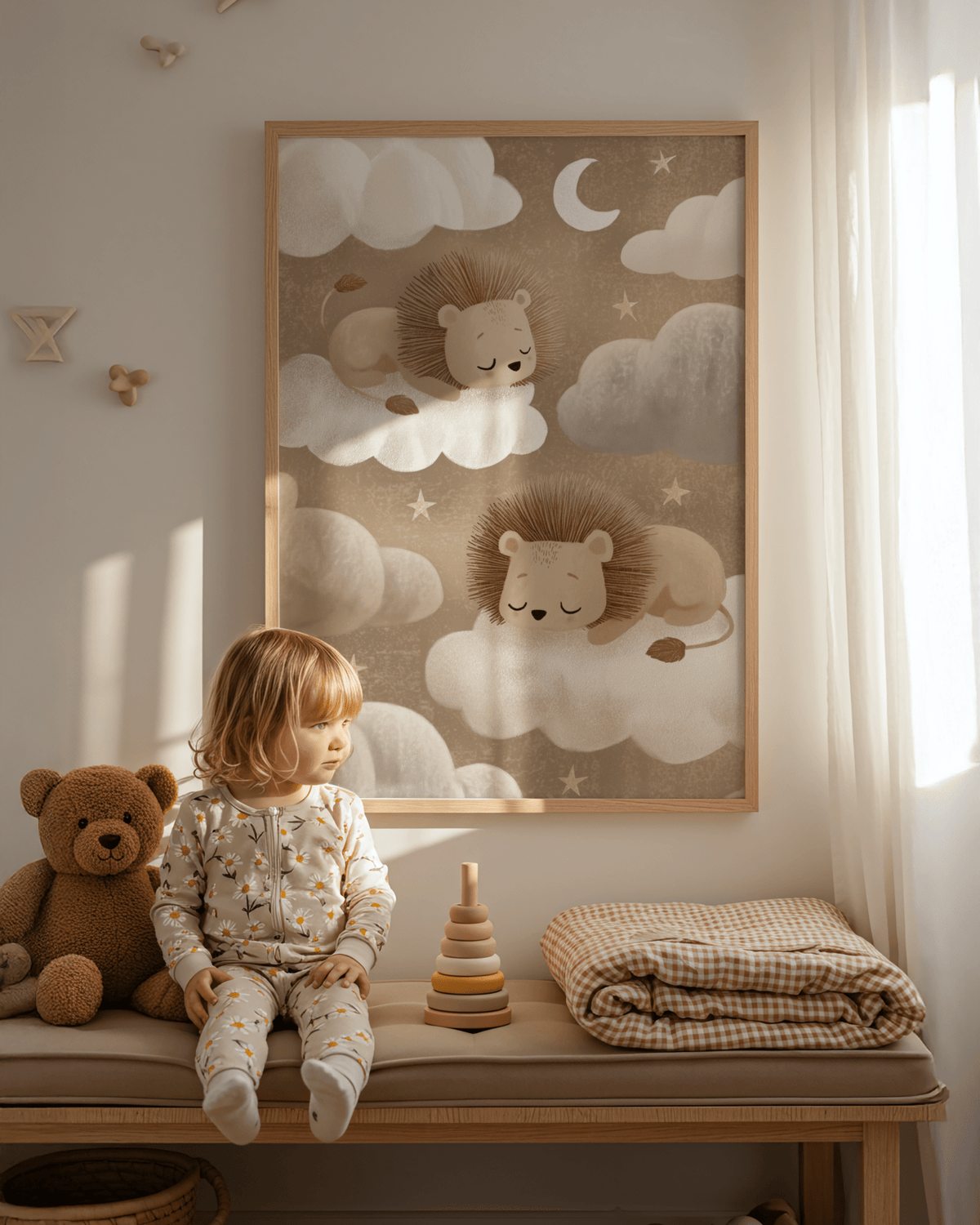 Lion nursery art print leaning on wall with beige toys and child in the nursery