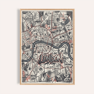 Framed London City Map wall art with graffiti style and black red details