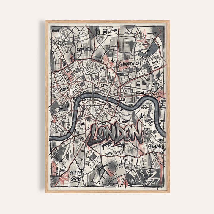 Framed London City Map wall art with graffiti style and black red details