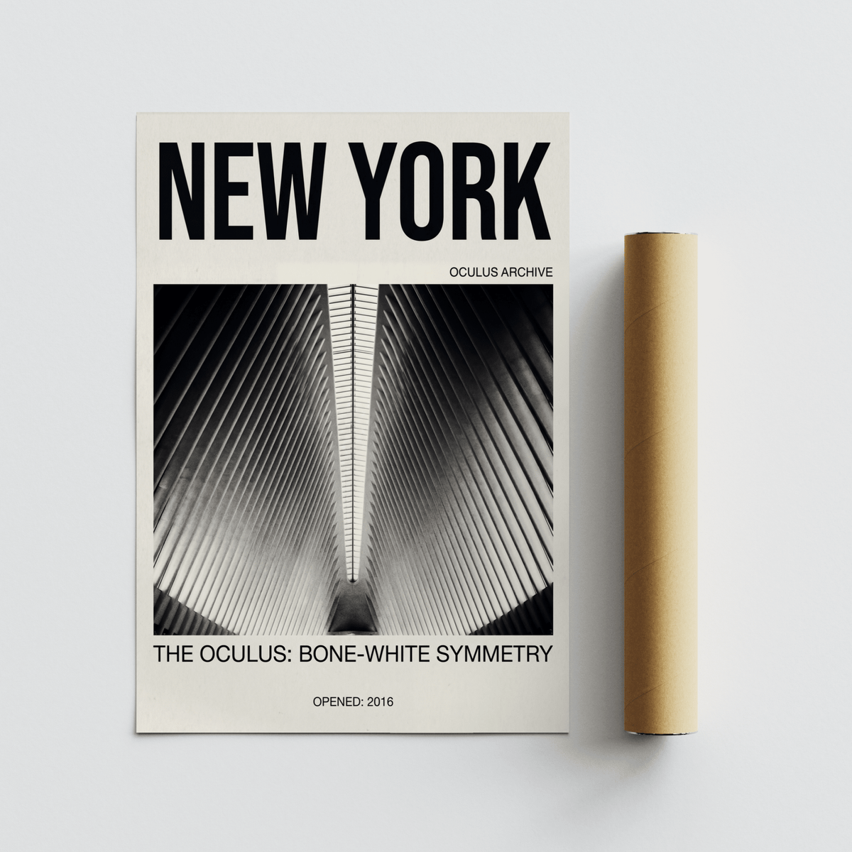 Bone White Architecture Print with oculus interior and strong black and white contrast shown next to a brown packaging tube