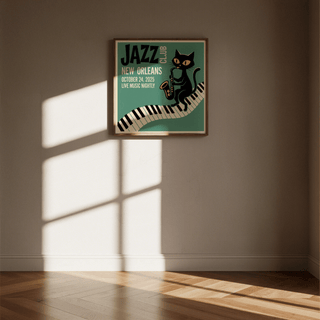 Jazz Club Art Print of a black cat playing saxophone with a green background on a wall with sunlight