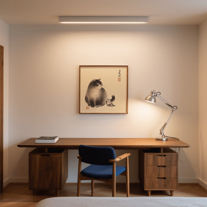 Calming Sumi-e Cat Print art print with White accents for lounge area