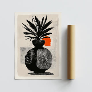Modern Indian Sun Plant wall art flat with black and orange abstract plant next to a brown packaging tube