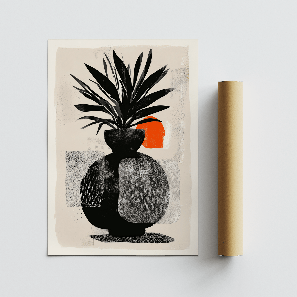 Modern Indian Sun Plant wall art flat with black and orange abstract plant next to a brown packaging tube