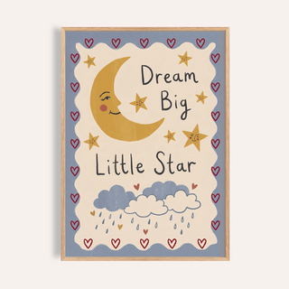 Dream Big Art Print framed close-up of crescent moon and smiling stars in yellow and blue