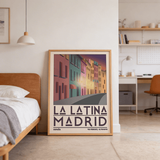 Madrid City wall art leaning against a wall with a wooden bed frame in a bedroom