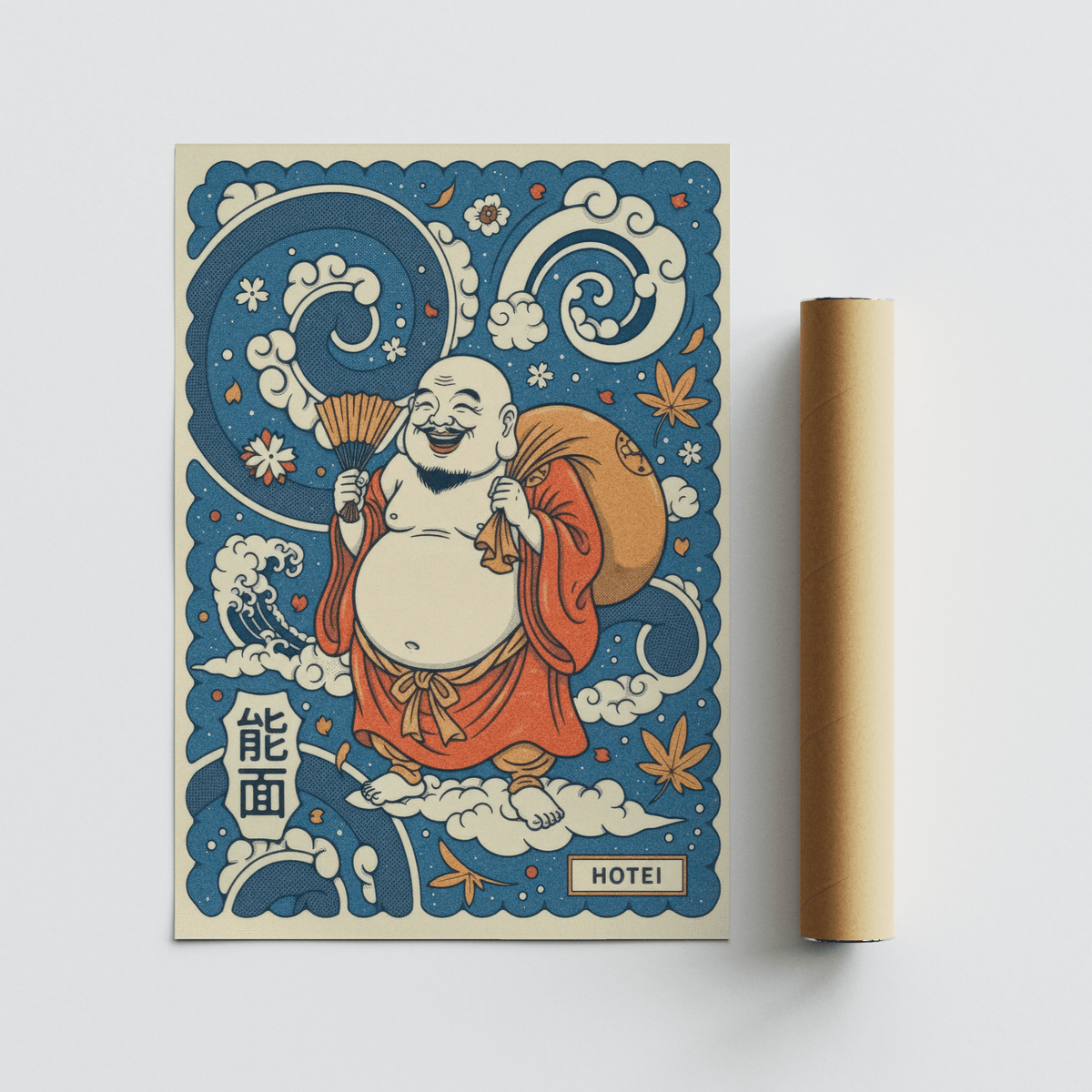 Hotei wall art print with blue clouds and orange leaves next to a brown packaging tube