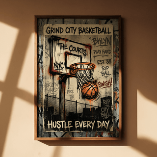Framed Basketball City wall art with street-art style basketball hoop and typography lit by sunlight