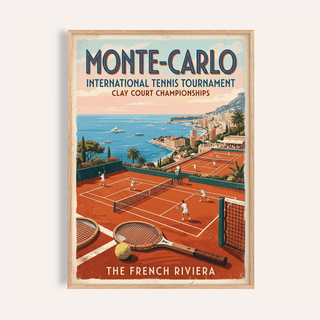Framed Monte Carlo Tennis Print featuring retro illustration of players on a clay court by the sea